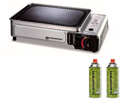 Kemper Smart grill Plancha - draagbare gas barbecue Tafelbarbecue Campingkooktoestel - incl. 2 gasflessen - Noodpakket item