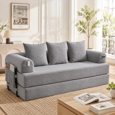 Opvouwbare modulaire bank met metalen frame - vrij te configureren loungelandschap - 2-4 personen - lichtgrijs - zijvakken voor opbergruimte - 3 zachte kussens inbegrepen