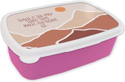 Broodtrommel Roze - Lunchbox - Brooddoos - Spreuken - Quotes - Travel is the only thing that makes you richer - Zon - 18x12x6 cm - Kinderen - Meisje