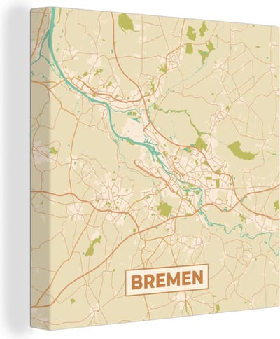 Canvas Schilderij Plattegrond - Vintage - Bremen - Kaart - Stadskaart - 20x20 cm - Wanddecoratie