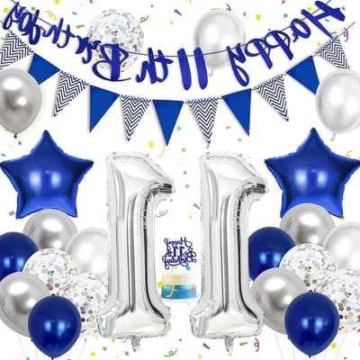 Verjaardag Decoratie Set - Feestpakket 11 Jaar - Feestelijke Viering - Compleet Blauw Zilver - 11 Delig - Blauw Zilver