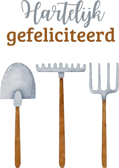 Hartelijk gefeliciteerd kaart – Enkele wenskaart met aquarel tuingereedschap – Origineel ontwerp op stevig 400 grams papier – Inclusief kraft envelop – Voor verjaardag of felicitatie – FSC