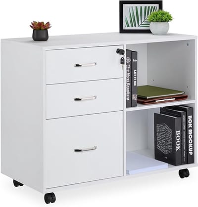 Dossierkast - Bureau met Ladekast - 3 Lades – 2 Legplanken – Slot – 4 Wieltjes – Wit – 66 x 80 x 40 cm