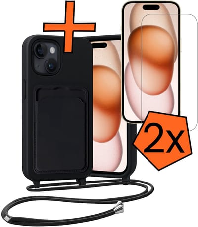 Hoesje Geschikt voor iPhone 15 Plus Hoesje Met Telefoonketting Pasjeshouder Case Met 2x Screenprotector Koord - Hoesje Geschikt voor iPhone 15 Plus Hoes Met Kaarthouder - Zwart