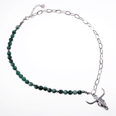 Ketting met Buffelkop Hanger Dames - Stalen Zilverkleur -Schakelketting en Groene Natuursteen