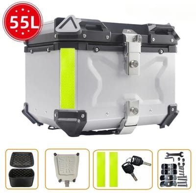 NaevaMi Topkoffer - Motor - 55L - Aluminium - Motorfiets Kofferbak Helm – Motor Bagagebak - Motor Topkoffer - Motor Transport - Waterdichte Bagagekoffer met Snelsluiting en Schokabsorptie – Rugkussen voor extra zitcomfort - 50.9 ×48 ×42.3cm - Zilver