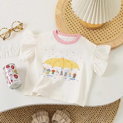 T-shirt d'été à manches courtes pour filles, Veste d'été pour bébé avec dessin animé, Nouveau haut 130 beige
