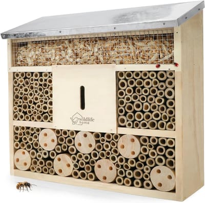 SnelShoppen - Bijenhotel Insectenhotel voor Tuin | Massief Hout met Metalen Dak | Natuurlijke Nisthulp voor Bijen, Lieveheersbeestjes en Gaasvliegen |