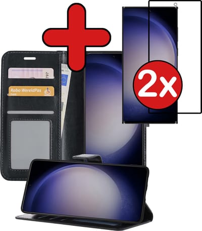 Hoesje - Met 2x Screenprotector - Geschikt voor Samsung Galaxy S23 Ultra - Luxe Pasjeshouder - Flip Case - Bookcase Portemonee - Kunstleer Book Case - Flipcase Hoes - Book Cover - Walletcase - Portemonneehoes - Telefoonhoes - Zwart