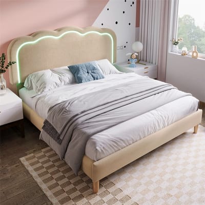 YEHTOKHOME Gestoffeerd bed LED tweepersoonsbed 140 x 200 cm, Bedframe met lattenbodem en verstelbaar hoofdeinde, Kinderbed in beige, Jeugdbed voor slaapkamer gastenkamer, Linnen (zonder matras)