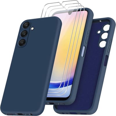 Geschikt voor Samsung Galaxy A25 5G - Siliconen - Drie gehard glas schermbeschermer - Back Cover hoesje - Blauw
