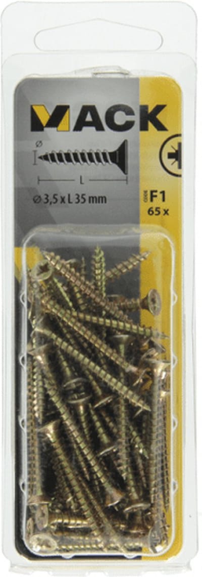 Spaanplaatschroef. platkop. kruiskop. Pz-2. 65 Stuks houtschroeven. 3,5 X 35mm. lang. verzinkt. Sam.