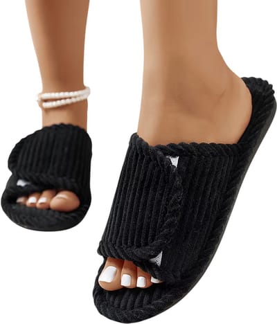 Dames Pantoffels Maat 38-39 – Comfortabele Lichtgewicht Slippers met Platte Hak, Zachte Corduroy Open Teen, Antislip Slaapkamer- en Indoor Schoenen - ZWART