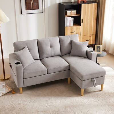 MODFU Hoekbank - Chaise Longue En Opbergruimte - Bekerhouders - Voor Woonkamer - Katoen-Linnen - Lichtgrijs - 175 X 129 X 90 Cm