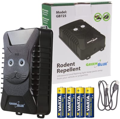 GreenBlue GB725 - Verjager met 4x AA batterij - Afschrikmiddel voor knaagdieren en marterachtigen met ultrasone en LED-verlichting - 18-36 kHz - 110 dB