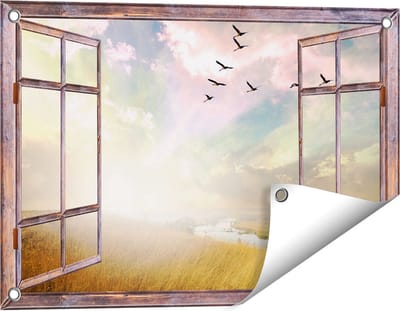 Gards Tuinposter Doorkijk Groep Vogels Vliegen Boven het Gras - 60x40 cm - Tuindoek - Tuindecoratie - Wanddecoratie buiten - Tuinschilderij