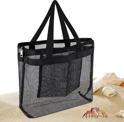 Thijox - Zwarte Zandspeelgoed Nettas - Herbruikbare Mesh Strandtas met Grote Capaciteit - Draagbare Tas voor Strand, Zwembad en Reizen