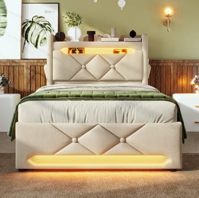 MEUNIQ eenpersoonsbed 90x200 met opbergend hoofdbord, USB en Type-C, 360 graden LED, hydraulische opbergruimte, stof in beige, zonder matras