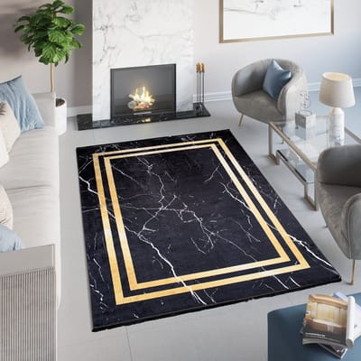 Tapiso Toscana Vloerkleed Kwastjes Zwart Gouden Kleed Tapijt Maat- 200x300