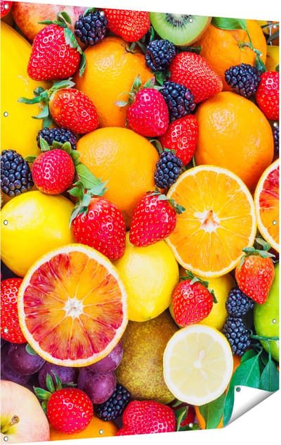Gards Tuinposter Kleurrijke Fruit Achtergrond - 120x160 cm - Tuindoek - Tuindecoratie - Wanddecoratie buiten - Tuinschilderij