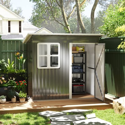 MEUNIQ gereedschapsschuur 221 x 133 x 190/173 cm met lessenaarsdak, raam, ventilatieopeningen en afsluitbare deur, stalen tuinschuur voor tuin of achtertuin, donkergrijs