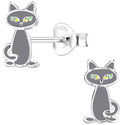Joy|S - Zilveren kat poes oorbellen - 6 x 10 mm - grijs