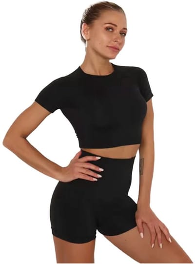 Korte sportlegging met crop top - Sporttop - Sportlegging kort - Naadloos - Hoge taille - Zwart - Large (valt klein) - Sportoutfit - Sportsetje - Hippe sportkleding - CHPN