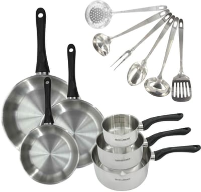 Set 3 pannen 20 24 en 28 cm, 3 roestvrijstalen steelpannen en 6 roestvrijstalen keukengerei Fackelmann Geneva
