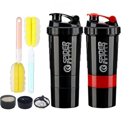 Shaker met Poedercompartiment - Pack van 2 - Fitness Shaker - Eiwit Shaker met Opbergdoos voor Gym Fitness Poeder - Voedingssupplementen met 2 Schuimborstels