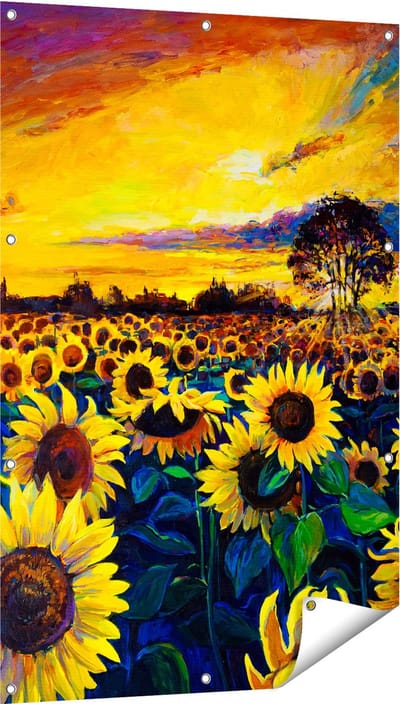 Gards Tuinposter Getekende Zonnebloemen Veld met Olieverf - 80x120 cm - Tuindoek - Tuindecoratie - Wanddecoratie buiten - Tuinschilderij