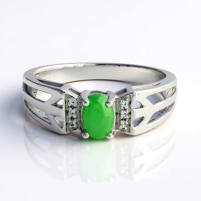 Cavill - Zilveren Ring - 925 Sterling Zilver - 0,3 ct Ovale Keizerlijk Chrysopraas en Witte Topaas - Elegante Groene Edelsteen Ring Dames Maat 17