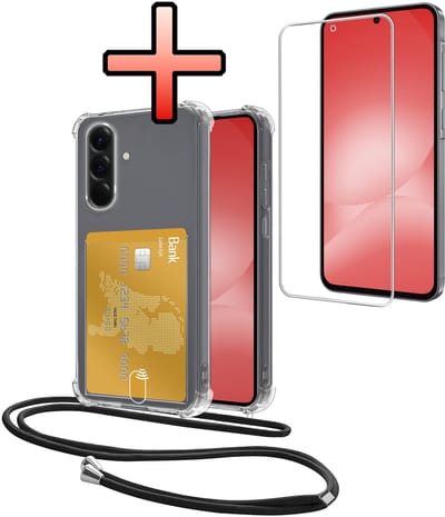 Hoes Geschikt voor Samsung Galaxy A56 Hoesje Pasjeshouder Cover Met Koord Shock Proof Case Siliconen Hoes Met Telefoonkoord en Kaarthouder Met Screenprotector - Transparant