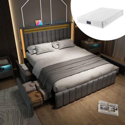 Gestoffeerd bed met USB Type-C oplaadfunctie, ledverlichting en 4 lades, kinderbed 140x200cm tweepersoonsbed met opbergruimte, bedframe, lattenbodem van hout, grijs (inclusief matras)