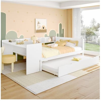 Lit double - MUVOE - 140x200cm - Bois massif - Bureau intégré - Étagères de rangement blanc