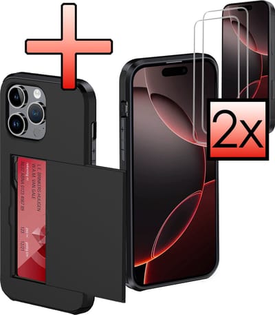 Hoes Geschikt voor iPhone 16 Pro Hoesje Pasjeshouder Hard Cover Met 2x Screenprotector Shock Proof Hard Case Hoes Met Kaarthouder - Zwart