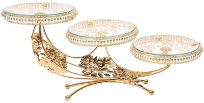 Allecto - Gouden 3-laags Crystal Glass Fruit Tray - Elegante Serveertafel - Voor Taarten en Snacks - Luxe Presentatie - Ideaal voor Feestjes - Deco...