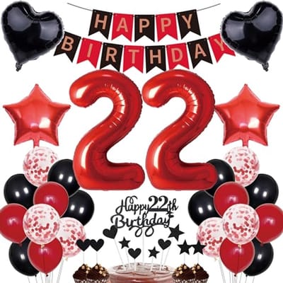 Decoratieset voor 22e verjaardag met ballonnen en taartdecoratie