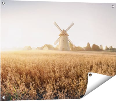 Gards Tuinposter Windmolen in het Veld - 80x60 cm - Tuindoek - Tuindecoratie - Wanddecoratie buiten - Tuinschilderij