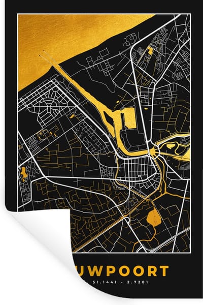 Muurstickers - Sticker Folie - Kaart - Stadskaart - Plattegrond - Nieuwpoort - Goud - 20x30 cm - Plakfolie - Muurstickers Kinderkamer - Zelfklevend Behang - Zelfklevend behangpapier - Stickerfolie