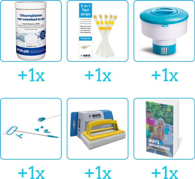 Zwembad Onderhoudspakket - Onderhoud Zwembad - bevat Chloor - Testrips - Chloordrijver - Schoonmaakset - Scrubborstel en Zwembadgids (6-delig)