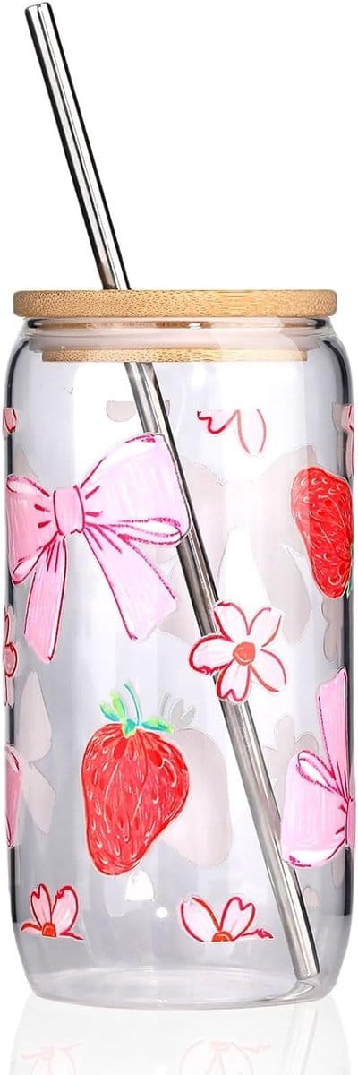 Elegante 16 oz glazen met deksel en rietje, twee verschillende stickerstijlen, ideaal voor koffie, cocktails en smoothies
