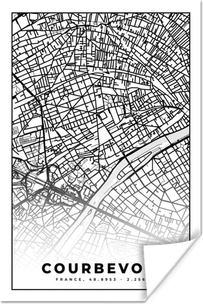 Poster Kaart - Stadskaart - Frankrijk - Courbevoie - Plattegrond - Zwart wit - 120x180 cm XXL