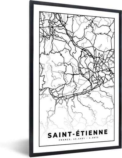 Fotolijst incl. Poster Zwart Wit- Stadskaart - Saint-Étienne - Plattegrond - Kaart - Frankrijk - Zwart wit - 40x60 cm - Posterlijst