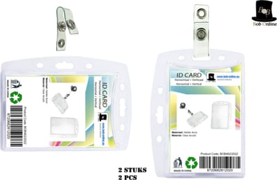Bob Online ™ - 2 Setjes – 2 x Horizontale/Verticale ID-Badgehouder Helder Acryl + 2 x Bretel Bandjes - Visitekaarthouder – ID-Kaarthouder – 2 x Horizontal/Vertical ID Badge Holders + 2 x Suspender Clip - Acrylic ID Card Holder – Kaarthouder Acryl