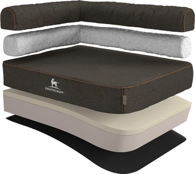 Knuffelwuff orthopedisch hoekhondenbed Marlie van velours met handgeweven karakter L 85 x 63cm leuning links zwart