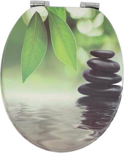Namajunas - WC-brillen - Wc bril softclose - Toilet bril - Universele vorm WC Bril - MDF hout - Antibacterieel - Zen Stenen & Groene Bladeren - Met Deksel - RVS Bevestiging - Easy Clean - Snelle montage en demontage - Inclusief Bevestigingsmateriaal