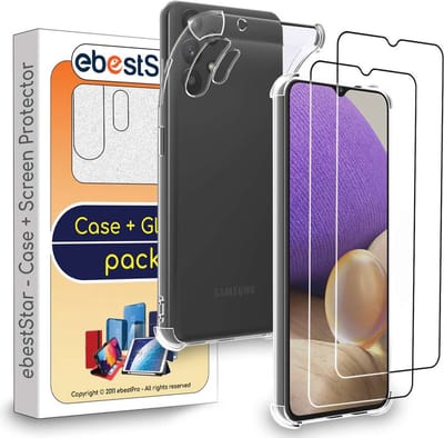 ebestStar - Hoes geschikt voor Samsung Galaxy A32 5G, Silicone Slim Cover Case, Versterkte Hoeken en Randen hoesje, Transparant + Gehard Glas x2