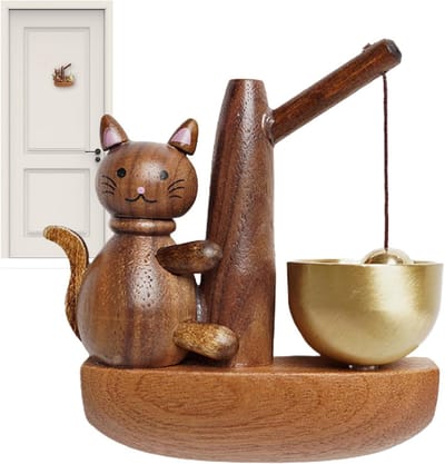 Houten Deurbel - Katten Windspel - Entree Decoratie - Magnetische Installatie - 8.5 x 9 cm - Walnoot