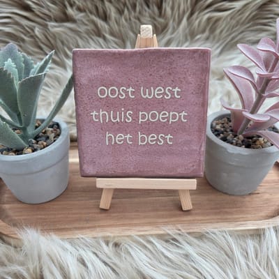 Robuust wenstegeltje “oost west thuis poept het best” – 10x10 cm – Humoristische Wanddecoratie & Cadeau – Cadeau vrienden,zomaar – Humor tegeltje - Grappige tekst – WC decoratie humor – Trendy nu – Decoratief Tegeltje met Standaard – Cadeau Idee