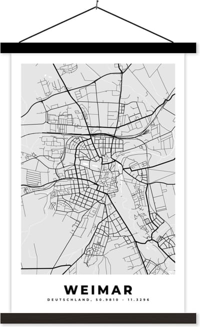 Posterhanger incl. Poster 40x60 cm - Schoolplaat - Kaart - Plattegrond - Duitsland - Weimar - Stadskaart - Textielposter - Zwarte latten - Stadskaart